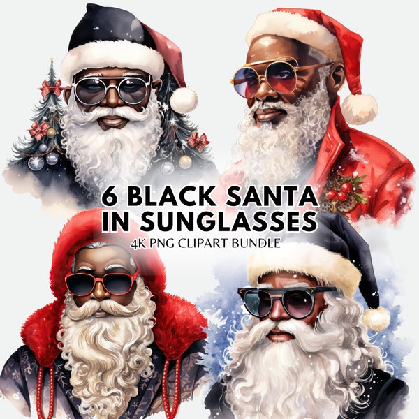 Watercolor Retro Black Santa Sunglasses Clipart Bundle Christmas PNG Black Christmas Clipart Black Dad Png Black Santa Png Sublimation