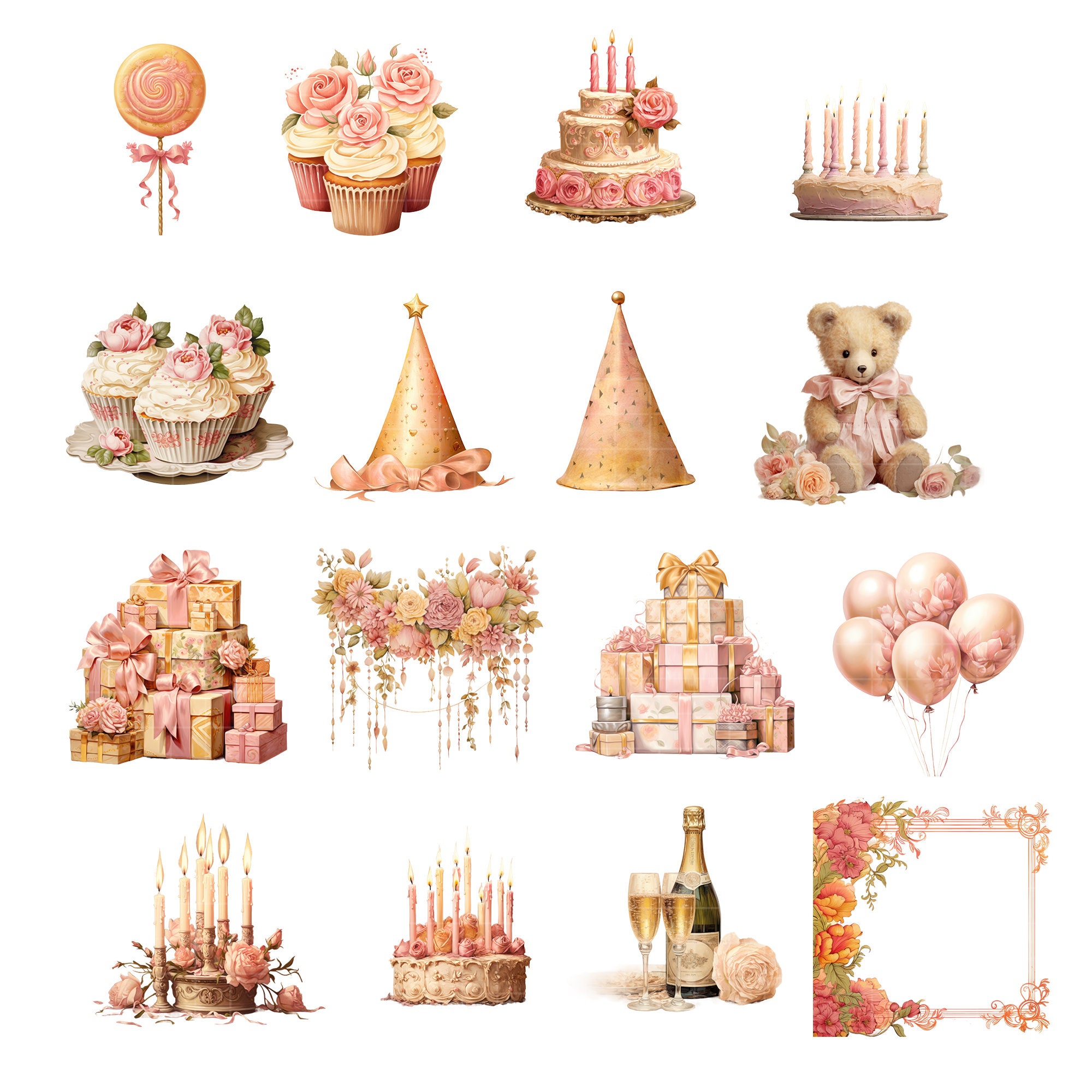 Vintage Pink Birthday Clipart Bundle Party Cake Birthday Present ...