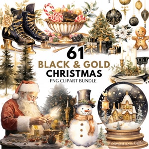 Zwart & goud kerst PNG clipart bundel aquarel zwart en goud Cottagecore kerst clipart digitale download vakantie kunst sublimatie
