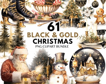 Black & Gold Christmas PNG Clipart Bundle Watercolor Black and Gold Cottagecore Christmas Clipart Digital Download Holiday Art Sublimation