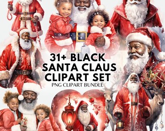 Watercolor Black Santa Claus Clipart Bundle Christmas PNG Black Christmas Clipart Black Dad Png Black Santa Png Sublimation Bundle