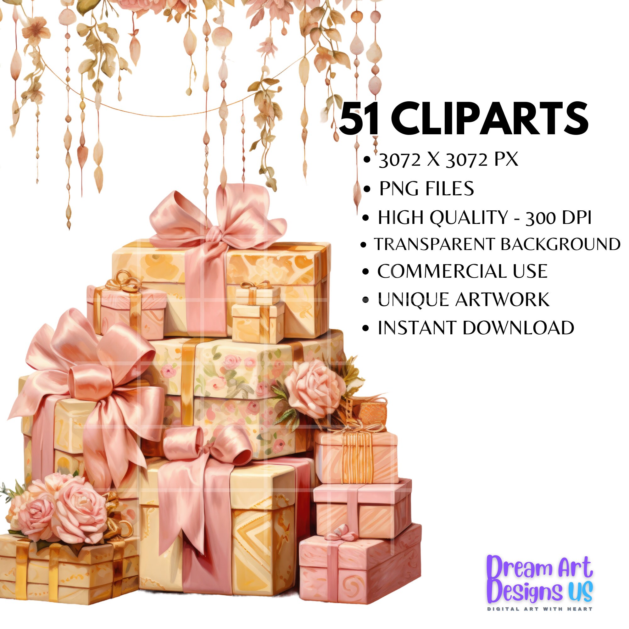 Vintage Pink Birthday Clipart Bundle Party Cake Birthday Present ...