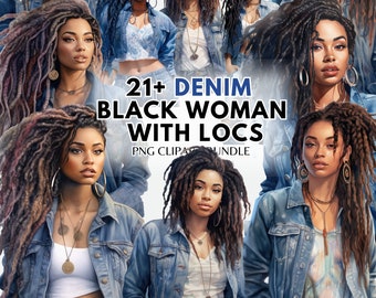 Fashion Girl Clipart Black Woman Clipart Denim Woman Clipart Beauty clipart PNG Black Girl Denim PNG Fashion Clipart Locs Planner Clipart