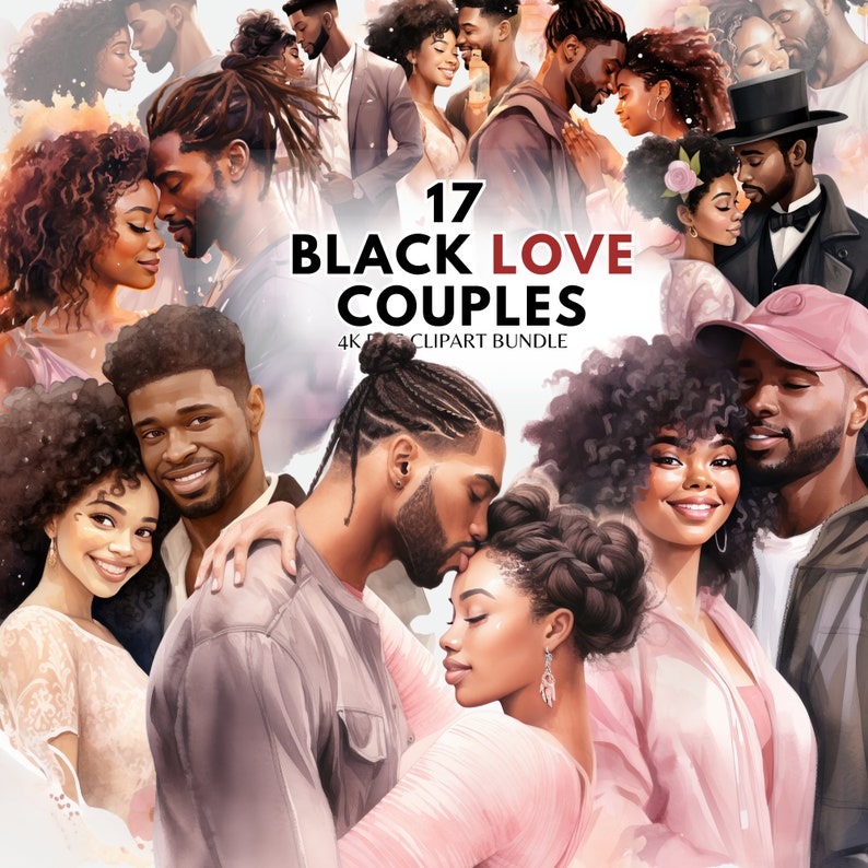 Puede incluir: Un collage de arte digital con 17 ilustraciones de parejas negras en varias poses rom&aacute;nticas. La obra de arte est&aacute; en un estilo de acuarela, con colores suaves y un enfoque en la intimidad. El texto dice "17 Black Love Couples 4K PNG Clipart Bundle."