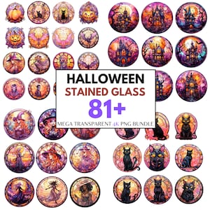 Pastel Halloween Stained Glass Mega Bundle Clipart Watercolor Pastel Halloween Clipart Witch PNG Ghost Cat Clipart Pumpkin Happy Halloween