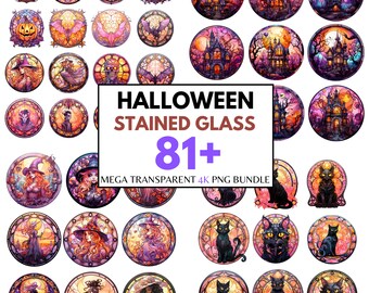 Pastel Halloween Stained Glass Mega Bundle Clipart Watercolor Pastel Halloween Clipart Witch PNG Ghost Cat Clipart Pumpkin Happy Halloween
