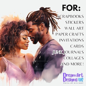 Puede incluir: Ilustraci&oacute;n en acuarela de una pareja abraz&aacute;ndose, con el texto "FOR: SCRAPBOOKS, STICKERS, WALL ART, PAPER CRAFTS, INVITATIONS, CARDS, JUNK JOURNALS, COLLAGES, AND MORE!" en negro. De Dream Art Designs US.