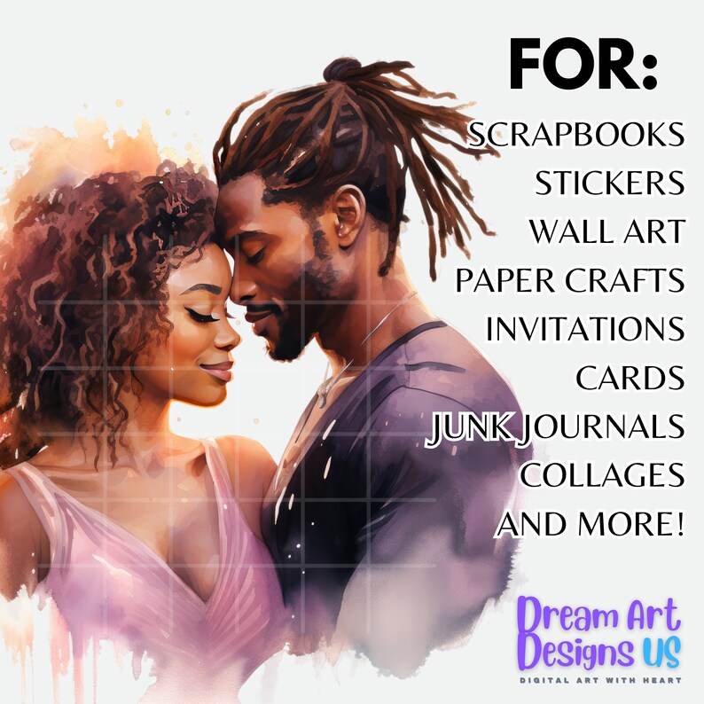 Puede incluir: Ilustraci&oacute;n en acuarela de una pareja abraz&aacute;ndose, con el texto "FOR: SCRAPBOOKS, STICKERS, WALL ART, PAPER CRAFTS, INVITATIONS, CARDS, JUNK JOURNALS, COLLAGES, AND MORE!" en negro. De Dream Art Designs US.
