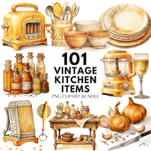 Vintage Kitchen Clipart Kitchen PNG Cozy Kitchenware Clipart Watercolor Clipart Kitchen Utensils PNG Vintage Clipart Bundle Scrapbook