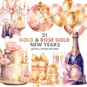 Happy New Year Clipart PNG New Years Eve Watercolor Bundle Rose Gold Party Clipart 2024 New Year PNG Digital Download Sublimation
