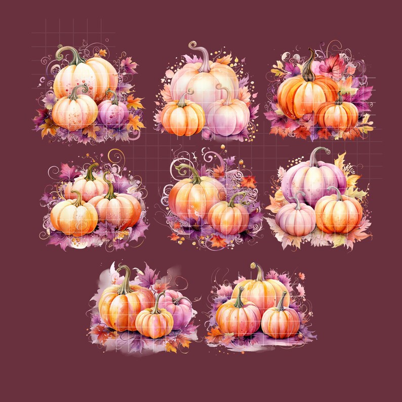 May include: Nine watercolor illustrations of pumpkins with fall leaves and vines. The pumpkins are in various shades of orange, pink, and white. Some pumpkins are small and some are large.