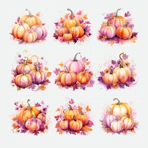 May include: Nine watercolor pumpkins in various shades of orange and pink, surrounded by pink and purple leaves. The pumpkins are arranged in three rows of three, with each row featuring a different arrangement of pumpkins.