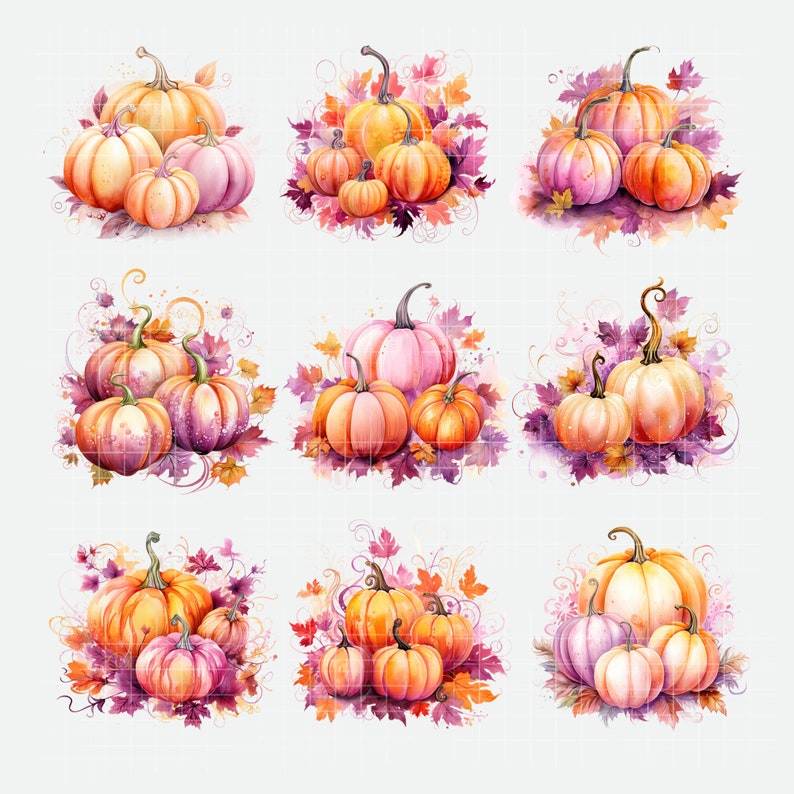 May include: Nine watercolor pumpkins in various shades of orange and pink, surrounded by pink and purple leaves. The pumpkins are arranged in three rows of three, with each row featuring a different arrangement of pumpkins.