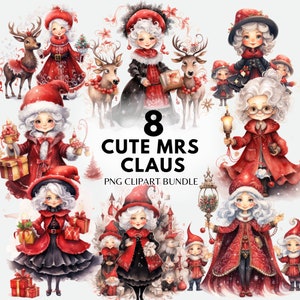 Aquarelle Mme Claus Clipart Noël PNG Bundle Mignon Noël Clipart Numérique Mme Claus Png Noël Mama Claus PNG Sublimation
