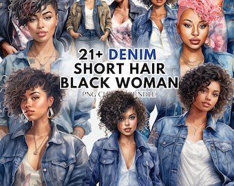 Op de afbeelding: Een digitale illustratieset van 21+ zwarte vrouwen met kort haar die denimjacks dragen. De vrouwen worden afgebeeld in verschillende poses en uitdrukkingen. De illustratieset heeft de titel "21+ Denim Short Hair Black Woman PNG Clipart Bundle".