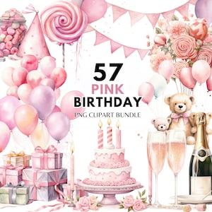 Rosa Geburtstag Clipart Bundle Party Kuchen Geburtstagsgeschenk Ballon Alles Gute zum Geburtstag PNG Geburtstagskarte Geburtstagseinladung Kommerzielle Nutzung