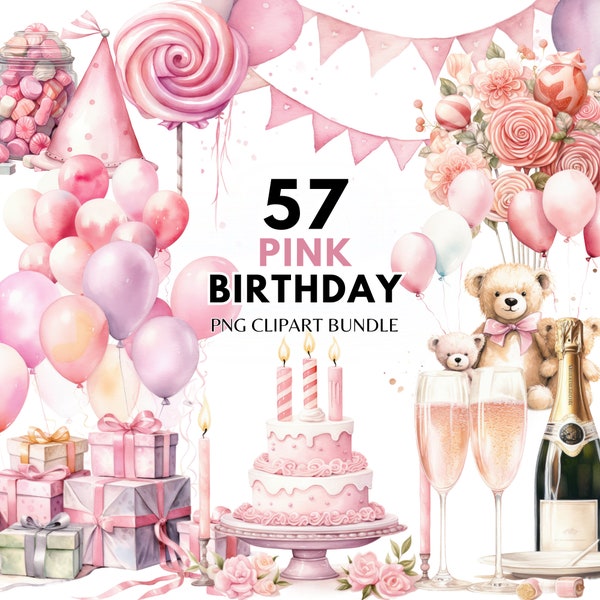 Pink Birthday Clipart Bundle Party Cake Birthday Present Balloon Happy Birthday PNG Birthday Card Birthday Invitation Commercial Use