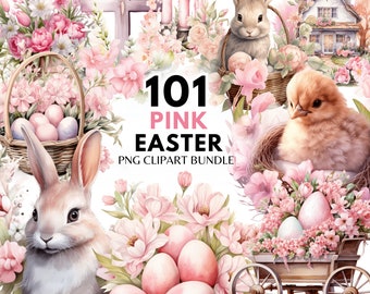 Watercolor Pink Easter Clipart Bundle: Bunny, Eggs, Spring (PNG)
