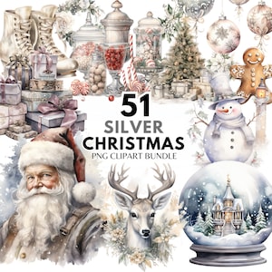 Argento Natale PNG Clipart Bundle Acquerello Argento Cottagecore Natale Clipart PNG Inverno Bianco Natale Vacanze Art PNG Sublimazione