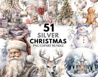 Silver Christmas PNG Clipart Bundle Watercolor Silver Cottagecore Christmas Clipart PNG Winter White Christmas Holiday Art PNG Sublimation