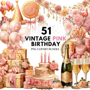 Clipart de aniversário rosa vintage pacote festa bolo presente de aniversário balão feliz aniversário cartão de aniversário convite de aniversário uso comercial