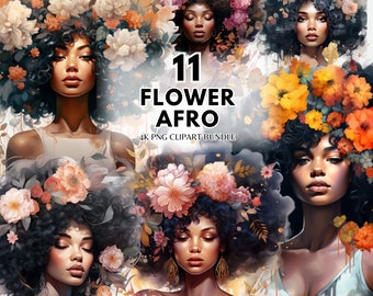 Flower Girl Clipart Bundle PNG Flor Afro Clipart Mujer Negra Clip Art Decoración Floral Chica Negra Png Afro Chica Clipart Planificador Chica Artesanía