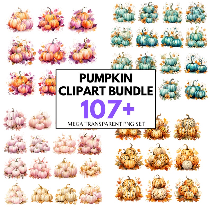 Fall Pumpkin Clipart Mega Bundle PNG Teal Pumpkin Patch PNG Watercolor ...