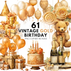 Vintage Gold Geburtstag Clipart Bundle Party Kuchen Geburtstagsgeschenk Ballon Happy Birthday PNG Geburtstag Karte Geburtstag Invite Boho Geburtstag DIY