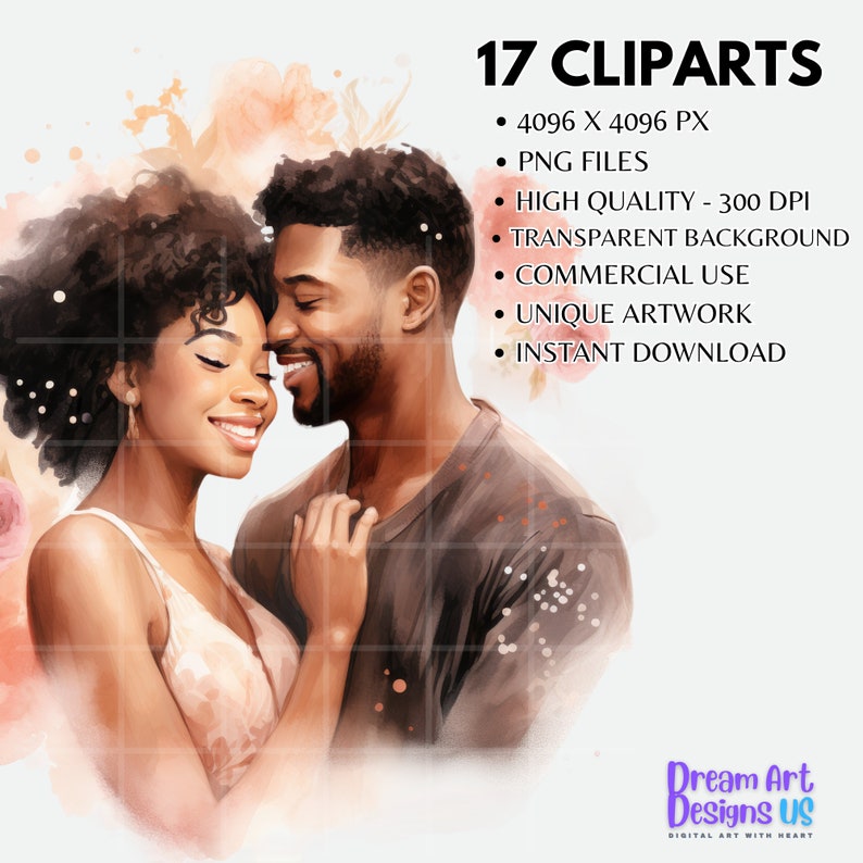 Puede incluir: Ilustraci&oacute;n digital de una pareja sonriente abraz&aacute;ndose, con un estilo de acuarela suave. La imagen incluye el texto "17 CLIPARTS" y detalles del archivo, como "4096 X 4096 PX" y "PNG FILES". La obra de arte est&aacute; firmada "Dream Art Designs US".