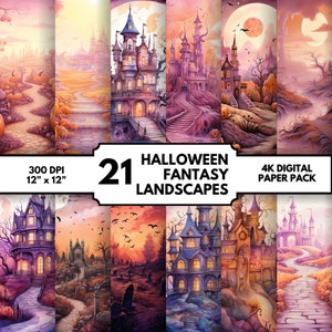 Printable Watercolor Halloween Digital Paper Landscape PNG Spooky Halloween House Png Happy Halloween Digital Paper PNG Bundle Graphics
