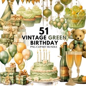 Clipart de aniversário verde vintage pacote festa bolo presente de aniversário balão feliz aniversário cartão de aniversário convite de aniversário uso comercial