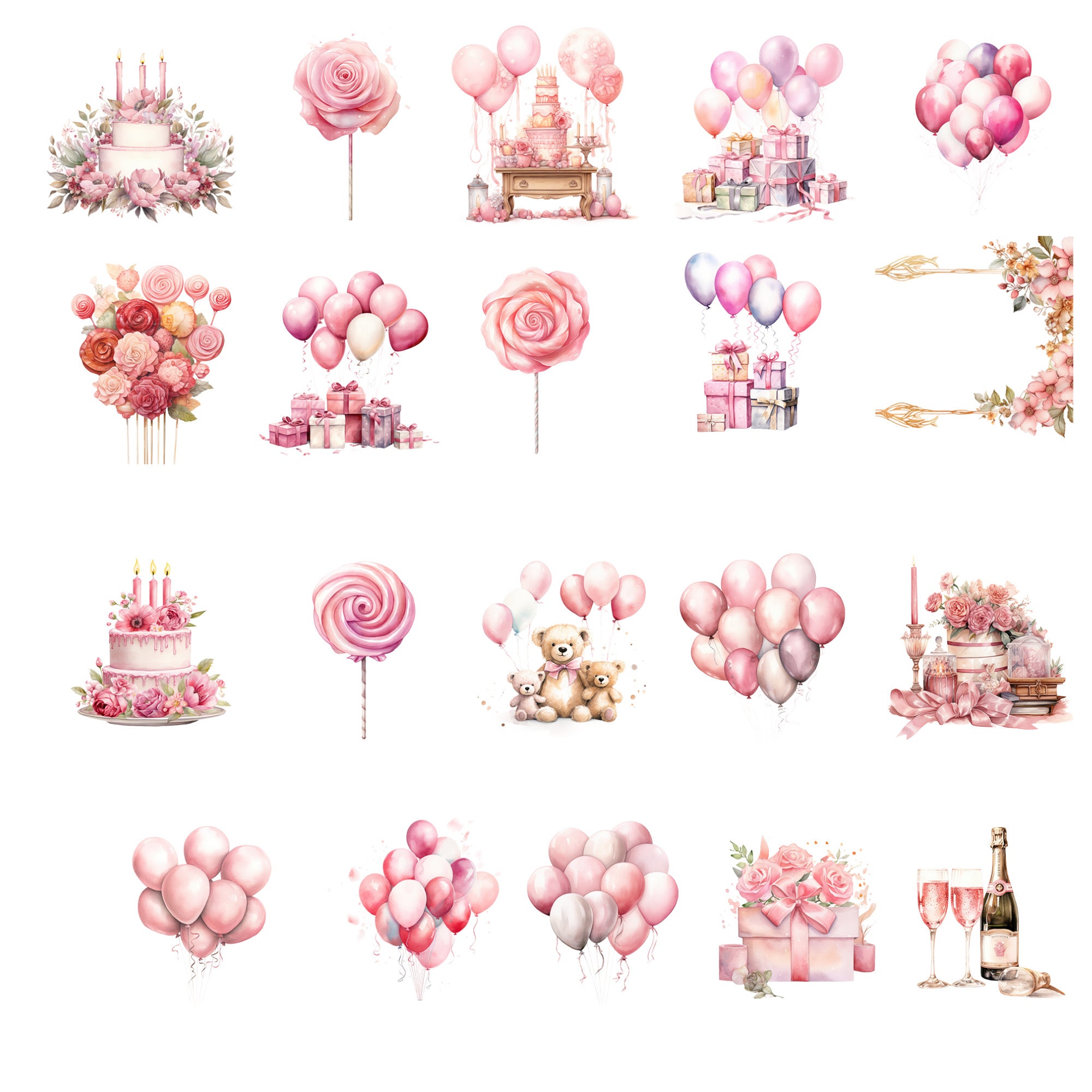 Pink Birthday Clipart Bundle Party Cake Birthday Present Balloon Happy ...
