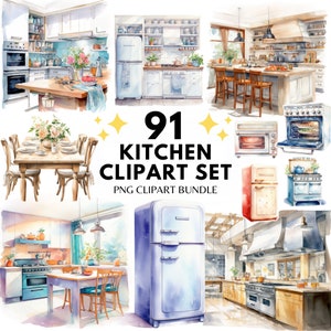 Cocina moderna Clipart Cocina PNG Acogedor utensilios de cocina Clipart Acuarela Clipart Muebles de cocina PNG Acuarela Clipart Paquete Scrapbook