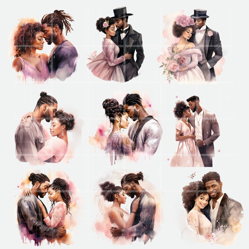Puede incluir: Ilustraciones en acuarela de parejas rom&aacute;nticas en varias poses. Las im&aacute;genes presentan parejas abraz&aacute;ndose, con paletas de colores suaves de rosa, morado y gris. Algunas parejas visten ropa formal, mientras que otras visten ropa informal.