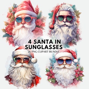 Watercolor Retro Christmas Santa Sunglasses PNG Clipart Bundle Christmas PNG Classic Christmas Clipart Vintage Santa Png Sublimation