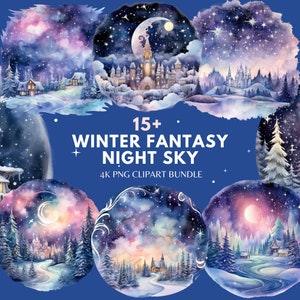 Watercolor Christmas Fantasy Night Sky Clipart PNG Watercolor Winter Landscapes Christmas PNG Clipart Commercial Use 4K PNG Download