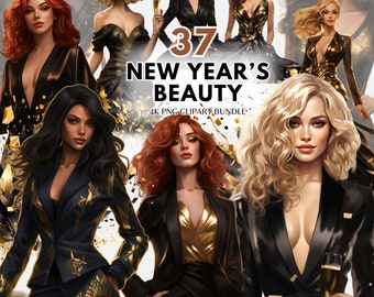 New Year Clipart PNG Fashion Girl Clipart Woman PNG Girl Fashion Black and Gold Party Clipart Planner New Year PNG Junk Journal Paper Crafts