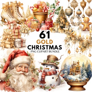 Oro Natale PNG Clipart Bundle Acquerello Oro Cottagecore Natale Clipart Download digitale Natale Grafica Design PNG Sublimazione