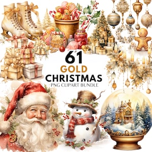 Gold Weihnachten PNG Clipart Bundle Aquarell Gold Cottagecore Weihnachten Clipart Digital Download Weihnachten Grafik Design PNG Sublimation