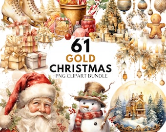 Gold Christmas PNG Clipart Bundle Watercolor Gold Cottagecore Christmas Clipart Digital Download Christmas Graphics Design PNG Sublimation