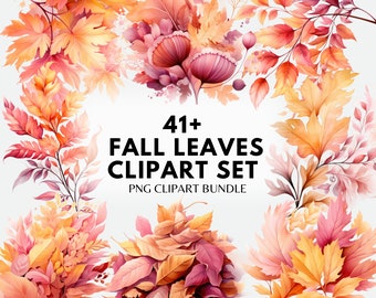 Fall Leaves Watercolor Clipart Bundle, Autumn PNG Graphics (Digital Download)
