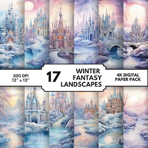 Printable Watercolor Winter Digital Paper PNG Winter Wonderland Landscape Winter Fantasy Digital Paper Commercial Use 4K PNG Download