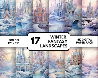 Printable Watercolor Winter Digital Paper PNG Winter Wonderland Landscape Winter Fantasy Digital Paper Commercial Use 4K PNG Download