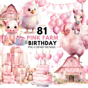 Clipart de festa de aniversário de fazenda rosa Pacote Cute Farm Clipart Primeiro aniversário Aniversário rosa Animais de fazenda Feliz aniversário PNG Cartão de aniversário DIY