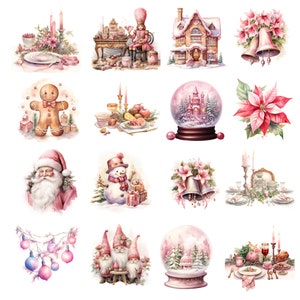 May include: A collection of watercolour illustrations featuring Christmas and winter imagery. The image includes a gingerbread man, Santa Claus, snow globes, poinsettias, bells, and festive table settings. The colour scheme is predominantly pink, red, and white.