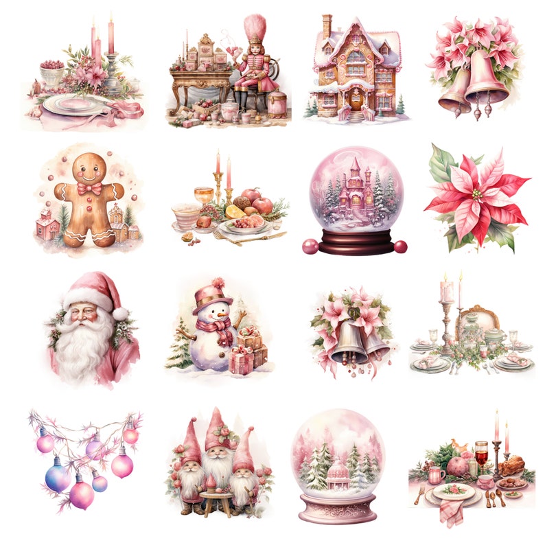 May include: A collection of watercolour illustrations featuring Christmas and winter imagery. The image includes a gingerbread man, Santa Claus, snow globes, poinsettias, bells, and festive table settings. The colour scheme is predominantly pink, red, and white.