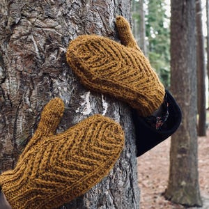 May include: A pair of knitted mittens in a warm, golden-brown color with a textured chevron pattern. The mittens are shown against a tree trunk in a forest setting, suggesting outdoor wear. The cuffs are black.