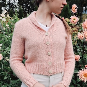 Puede incluir: Un cárdigan rosa claro, corto, con cuello chal y botones de madera. La prenda de punto tiene un dobladillo y puños acanalados. El fondo presenta flores y vegetación color melocotón.