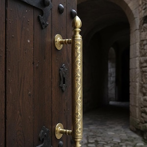 May include: Close-up of a dark wooden door with ornate brass hardware. The door features a long, decorative handle with an engraved pattern. Black metal hinges and a keyhole are also visible, suggesting a vintage or antique style.