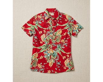 Camisa hawaiana vintage Go Barefoot Aloha para mujer, talla S, color rojo con estampado floral de plumeria, hecha en EE. UU.